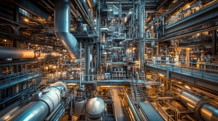 Detailed view of the interior of an industrial plant with complex machinery and assembly lines.