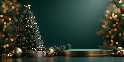 Dark green Christmas background with a tree decorated with golden balls and a round podium with gifts. Banner copyspace