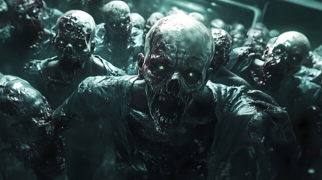 Unnerving zombie horde in futuristic scifi horror ambiance, detailed cinematic closeup shots. Zombie Horde. Illustration