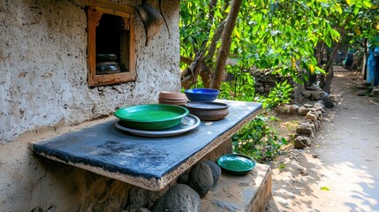 Fototapeta premium Rustic Kitchen with Colorful Plates in Nature