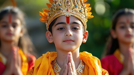 Young Devotee in Traditional Attire with Praying Gesture