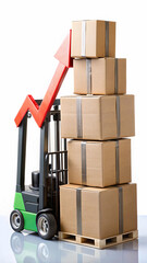 Miniature forklift lifting boxes with upward percentage arrows, background, symbolizing increased logistics or transportation costs, wallpaper 