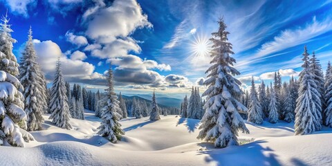 Winter Wonderland: Stunning Snowy Landscape with Majestic Pines, Sparkling Snow, Crisp Blue Sky, and Tranquil Serenity in a Panoramic View for a Magical Seasonal Atmosphere