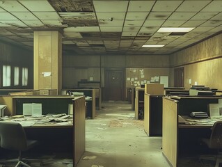 A forgotten office building, with cubicles filled with old papers and dust-covered furniture, abandoned long ago.