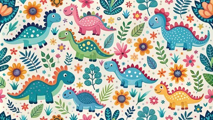 Whimsical seamless pattern with cute dinosaurs and flowers