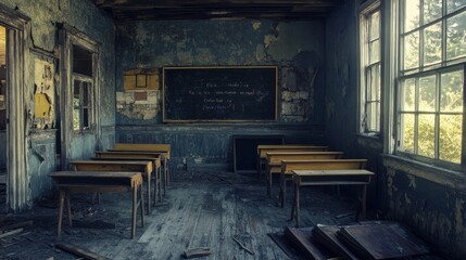 A forgotten school building, with desks overturned and faded chalkboards, decaying in a rural area.