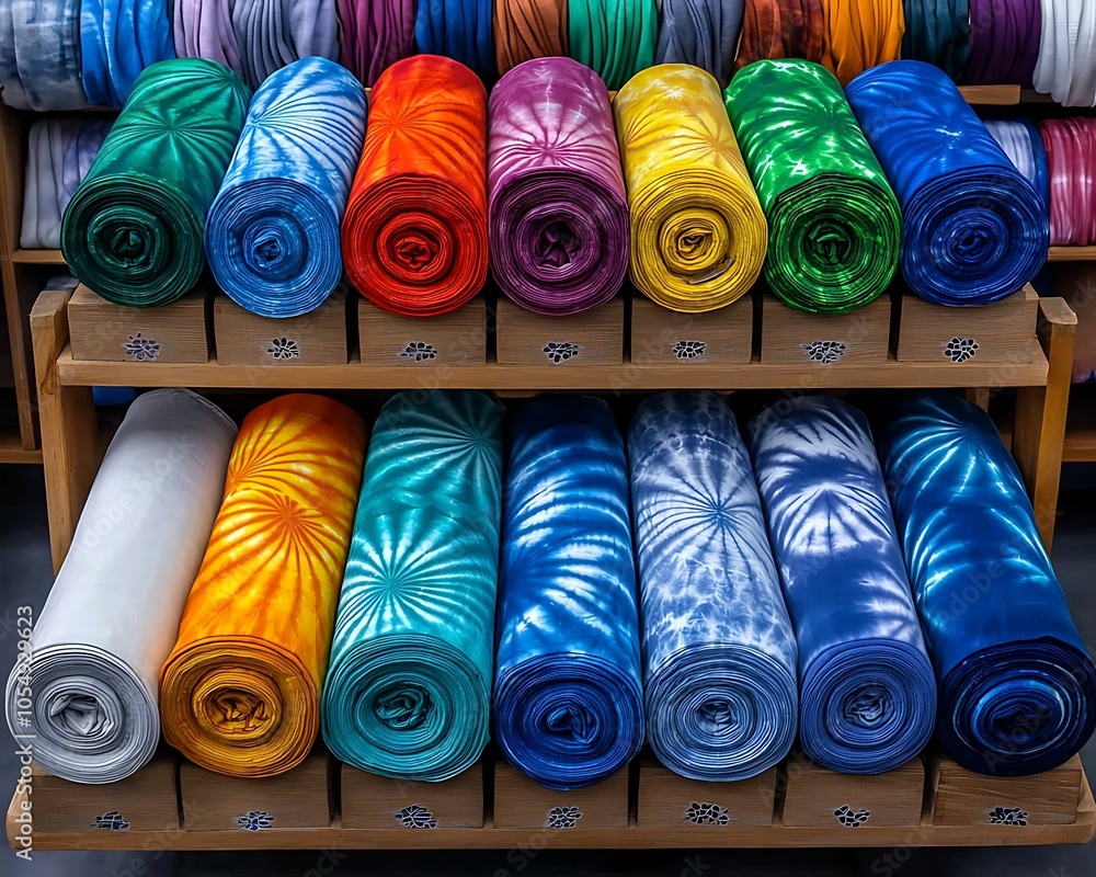 Aufkleber vibrant and colorful fabric rolls displayed in a textile shop showcasing an array of tie-dye pattern