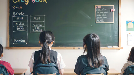 黒板に向かって座る小学生たちの後姿,generative ai_ワイド