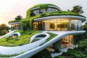 Fototapeta premium A futuristic eco-friendly building with a green rooftop covered in plants, designed to blend into the natural landscape.