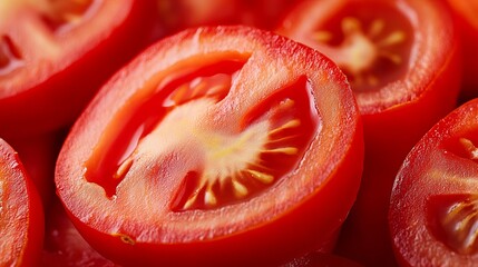 Close-up of sliced red tomatoes, showcasing their juicy and vibrant texture.