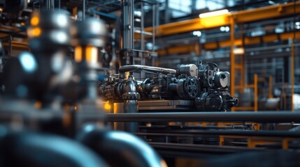 Obraz premium Heavy machinery inside a bustling industrial plant, showcasing the intricate workings of manufacturing.