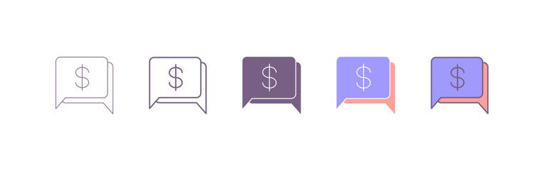 five chat bubble icons with a dollar sign inside each. speech bubble icon. chat icon with five different styles