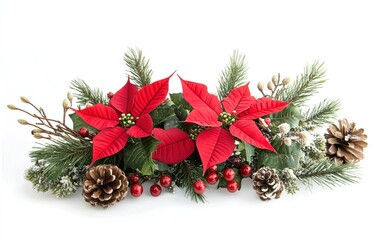 Christmas Floral Arrangement with Poinsettia, Pine Cones, and Greenery.