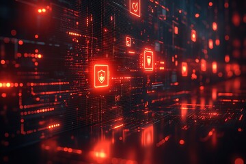 A futuristic digital background depicting a circuit board with glowing red security icons.