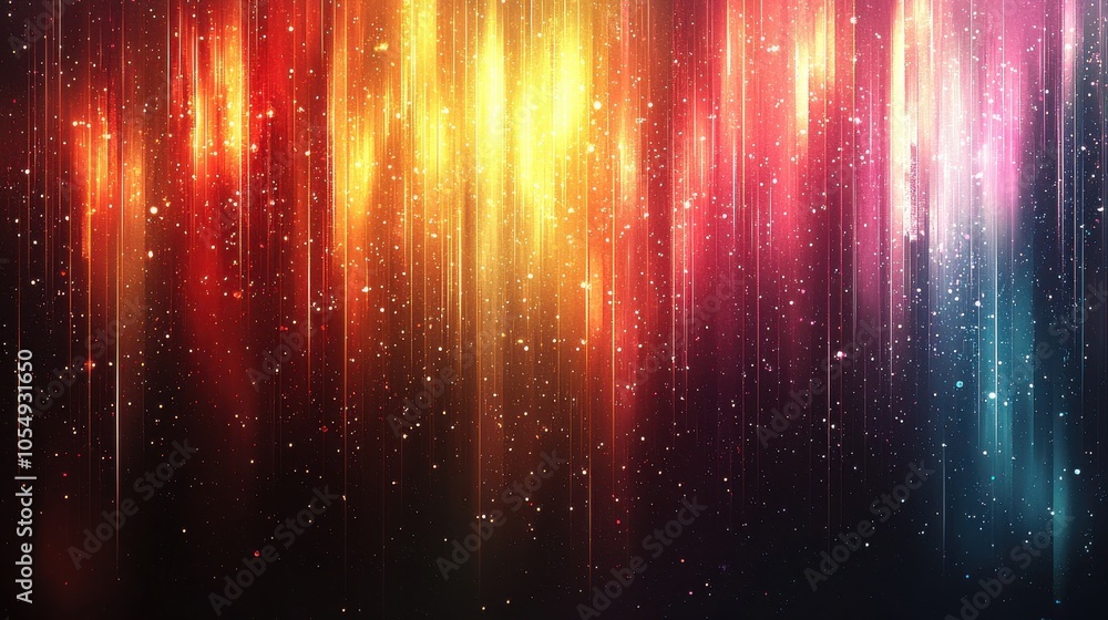 Poster vibrant abstract design with colorful vertical streaks and shimmering particles on a dark backdrop