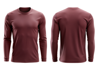 Maroon color long sleeve t-shirt PNG mockup template of Front and back view isolated on transparent background