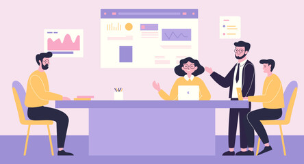 Flat Design Illustration of Teamwork Business Meeting at office with Infographic on Screen