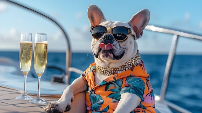 Rich cool Bulldog on expensive private yacht with champagne gold watch stylish sunglasses, billionaire dream lifestyle background. Funny creative wildlife animal character unique 3d digital artwork.
