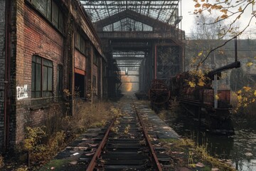 A long-abandoned factory by the river, with rusting machinery and overgrown pathways leading to the structure.