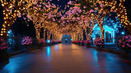 Fototapeta premium Enchanted Night Pathway with Twinkling Lights