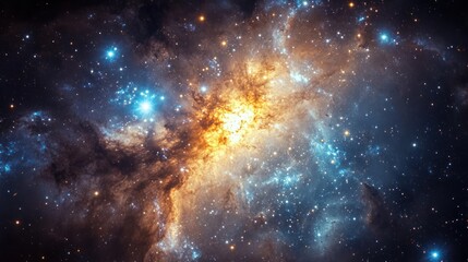 Fototapeta premium Irregular galaxy with chaotic structures and colors, glowing in a mix of stars and gas.