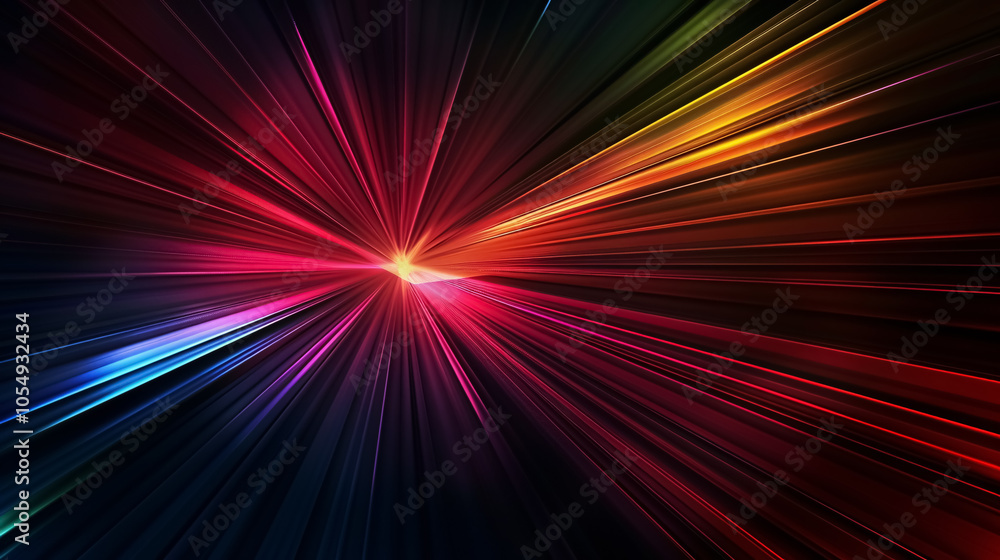 Poster abstract dark background with light stripes of colorful rays moving from the center.