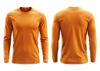 Orange color long sleeve t-shirt PNG mockup template of Front and back view isolated on transparent background