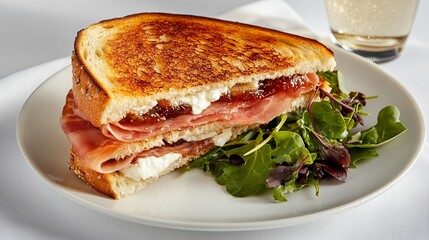 A gourmet grilled cheese sandwich with ham, fig jam, and cheese, served with a side salad.