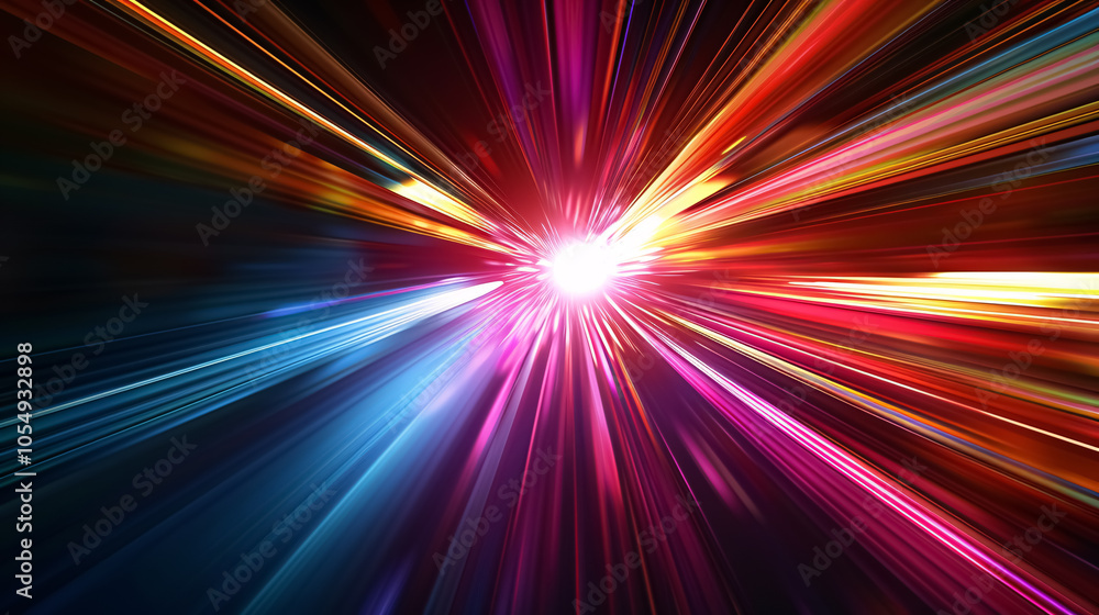 Poster abstract dark background with light stripes of colorful rays moving from the center.