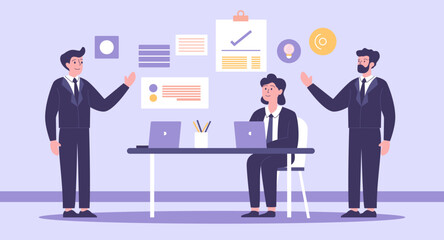 Flat Design Illustration of Teamwork Business Meeting at office with Infographic on Screen