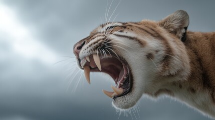 Fototapeta premium Ancient predator: saber-toothed tiger, formidable creature of prehistoric era, known for its distinctive elongated canines, representing a powerful symbol of strength and survival in ancient times.