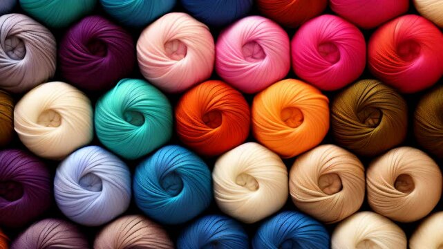 Colorful wool yarn display in a textile shop showcasing various shades and textures for crafting enthusiasts