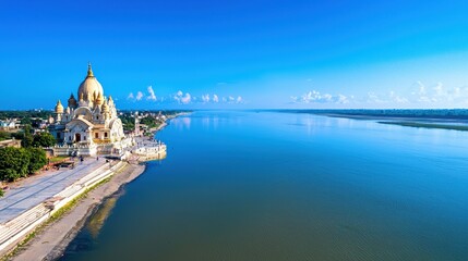 Obraz premium Scenic View of Temple Beside Calm River