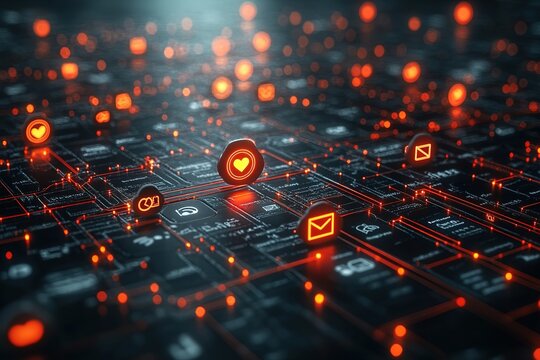 A glowing red heart icon sits atop a digital circuit board, representing love and connection in the digital age.