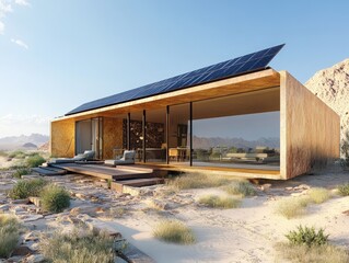 Obraz premium A minimalist eco-friendly home in the desert, built with natural materials, solar power, and geothermal heating.