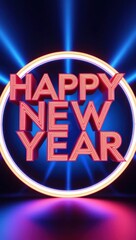 futuristic Happy New Year greeting card 3D letters with a neon circular background and glowing light effects