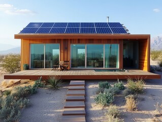 A minimalist eco-friendly home in the desert, built with natural materials, solar power, and geothermal heating.