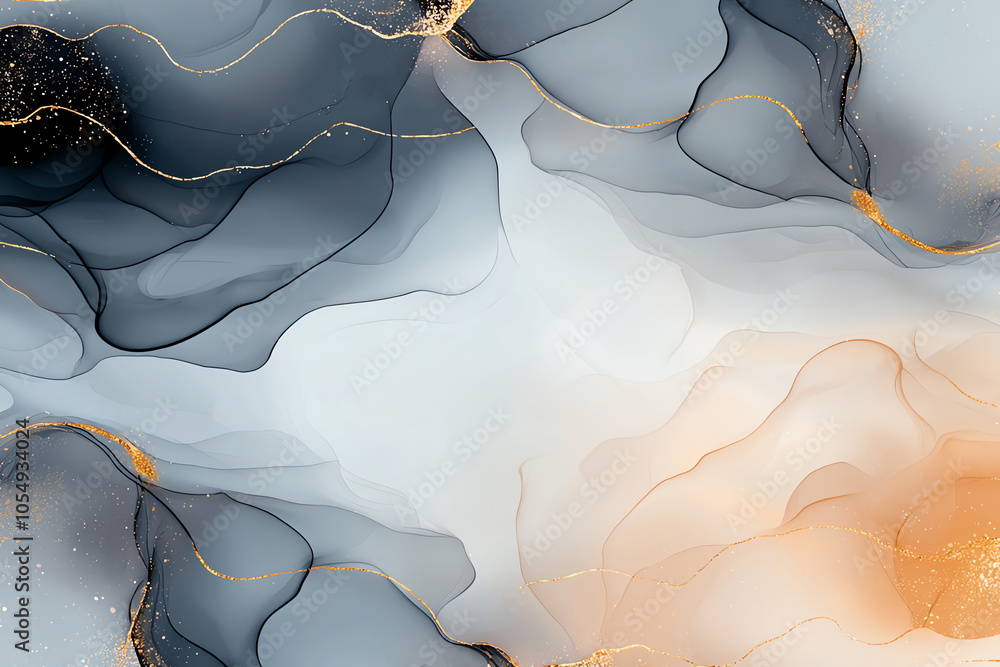 Poster abstract art with fluid gray, blue, and gold patterns creating a calming and elegant composition, ev