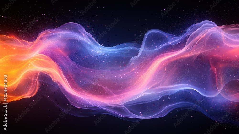 Poster abstract waves of colorful light flow through a dark space, creating a mesmerizing visual effect at 