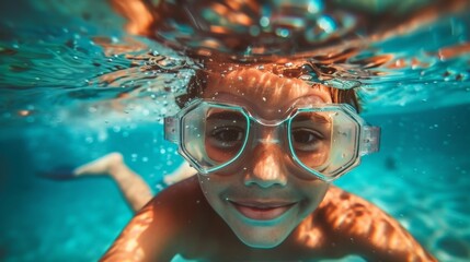 Naklejka premium A child wearing swim goggles and swimming underwater