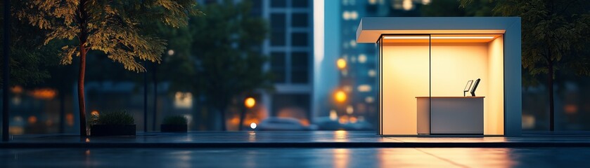 A modern minimalist kiosk located on a city street at night.
