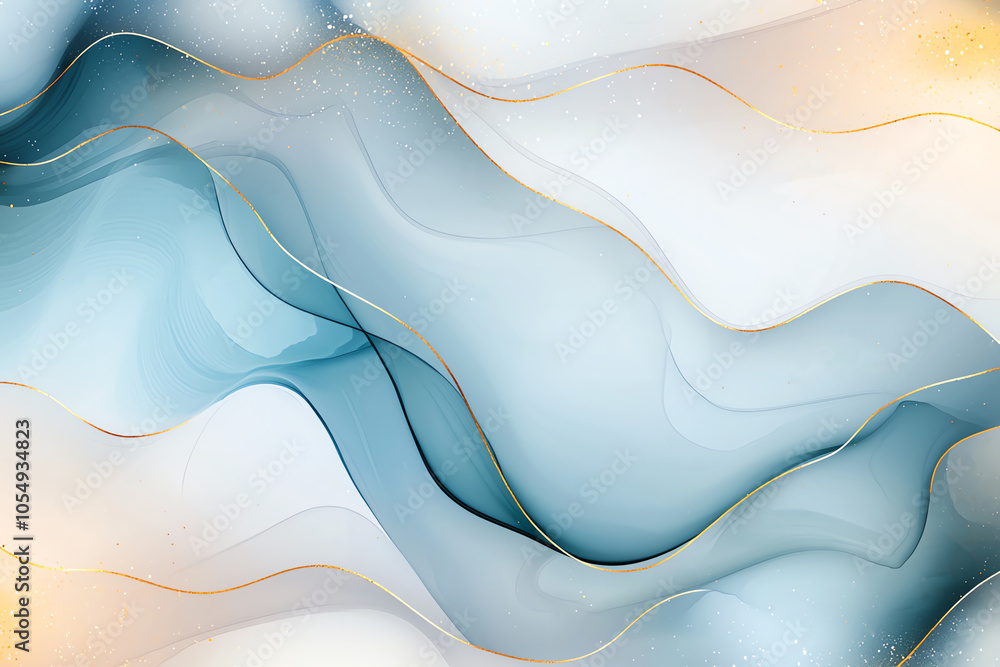 Poster elegant abstract background with flowing blue, white, and gold wave patterns creating a sense of mot