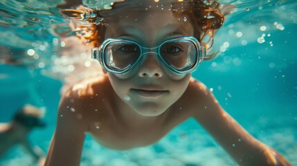 Naklejka premium A child wearing swim goggles and swimming underwater