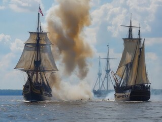 Obraz premium A naval battle reenactment from the War of 1812, with wooden ships firing cannons at close range, sails billowing in the wind.
