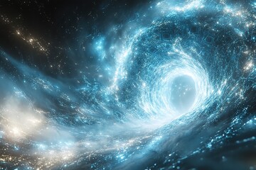 A swirling blue nebula with a bright white hole in the center.