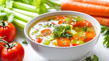 A nutritious vegetable soup recipe, featuring carrots, celery, and tomatoes in a savory broth, isolated on a white background