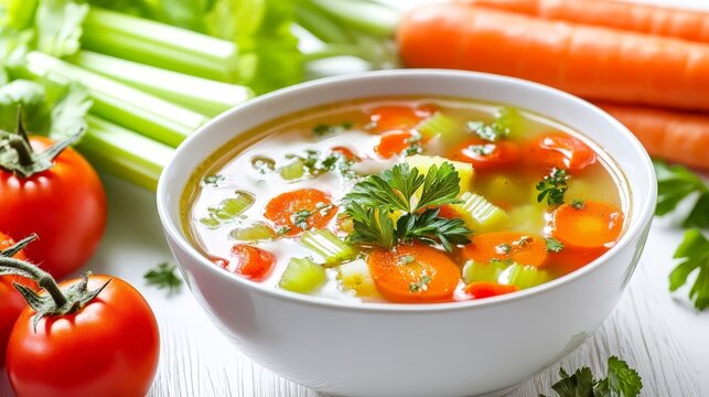 A nutritious vegetable soup recipe, featuring carrots, celery, and tomatoes in a savory broth, isolated on a white background