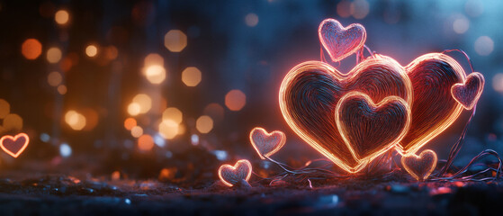 Glowing heart symbols create romantic atmosphere on dark background