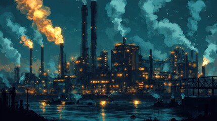 Night scene of an illuminated industrial plant with glowing smokestacks and machinery in action.