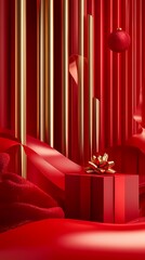 Christmas New Year red and gold gift box poster background
